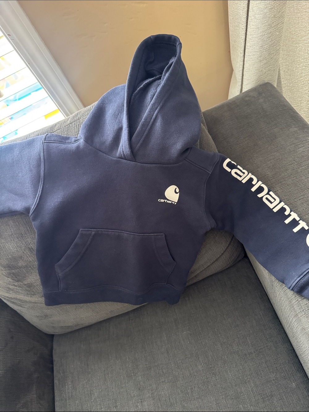 Carhartt Kids Navy Pullover Hoodie with Sleeve Logo